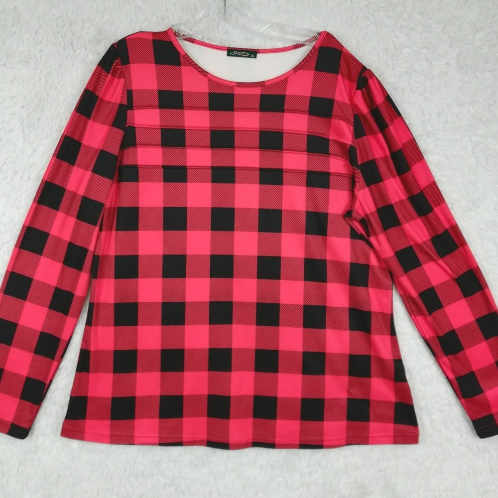 Ofeefan Womens Sleepshirt Buffalo Plaid Red Black Long Sleeve Tee Sleepwear XL